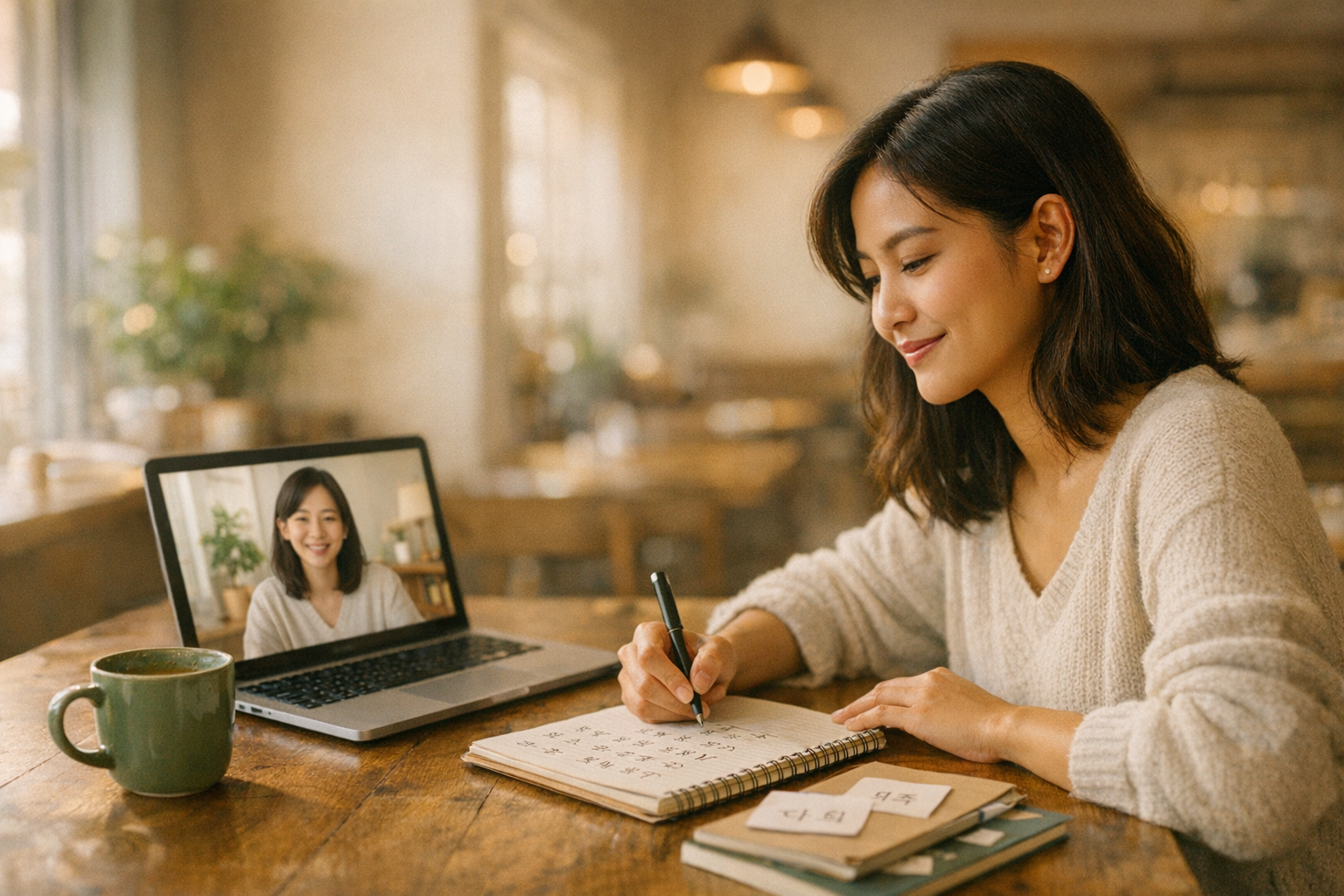 A learner practicing Korean during a live online lesson